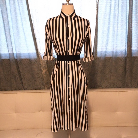 Striped Open Back Button Down Dress - Picture 2 of 8